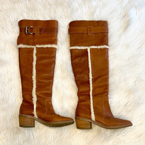 Michael Kors Casey Over The Knee Boots Leather Shearling Lined Buckle Heeled - Picture 3 of 14